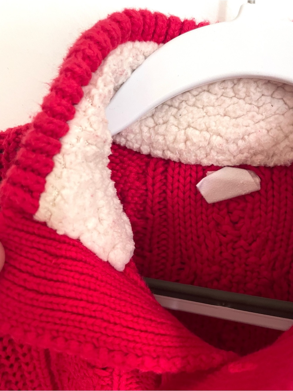 $11 💥Cable Knit Red Christmas Sweater, Henley Mock Neck, Sherpa Collar, Cotton - Picture 7 of 9